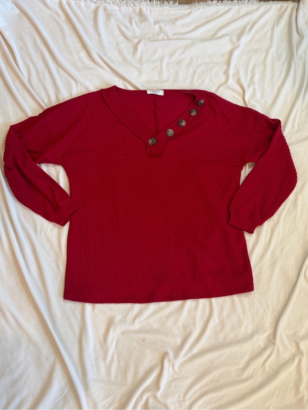 Zenana Outfitters Crimson Ribbed V-Neck Top with Button Detail